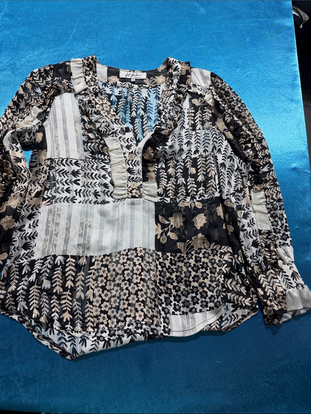 Hale Bob Black and Cream Patchwork Floral Ruffle V-Neck Tunic